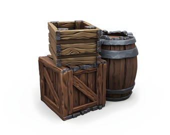 Holzkiste und Fass Streuterrain | D&D Miniatur Landschaft Tabletop RPG Map Zubehör | Fantasy Wargaming | 28 mm Kunstharz