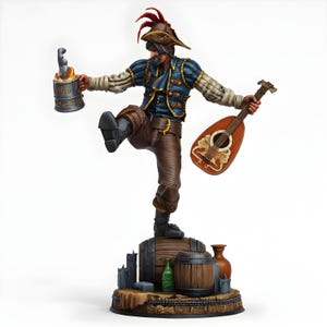 Dancing Tavern Bard Miniature with Lute & Tankard | Half-Elf Minstrel DnD Mini | Scenic Base Resin Figure | Pathfinder RPG
