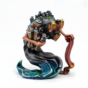 May include: A detailed fantasy figurine of a two-faced figure in a flowing black and blue robe. The figure carries scrolls and cylinders, with a red scroll unfurling. The figure wears gold masks and has a rocky formation on its head.