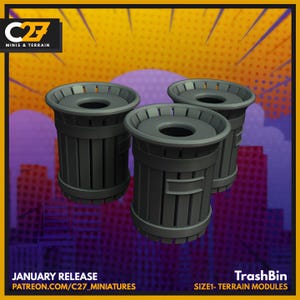 May include: Three gray TrashBin terrain modules. Each has a circular opening at the top and vertical lines on the sides. The background is a cityscape with a yellow and orange burst.