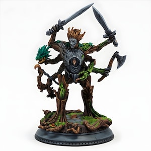 May include: A detailed fantasy figurine of a tree-like humanoid warrior. The figure is brown with green accents, holding two swords and an axe. A green dragon-like creature is on the left side. The figure stands on a detailed base.