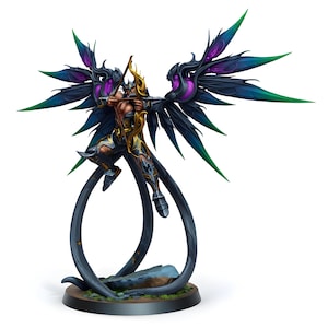 May include: A detailed figurine of a warrior archer with large, ornate wings. The figure is posed mid-action, drawing a bow. The wings are primarily black with accents of purple and green. The warrior is clad in gold and dark armour, mounted on a curved base.
