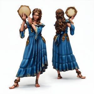 May include: A figurine of a woman in a flowing blue dress, holding a tambourine. The dress features gold accents and a tiered skirt. The woman has long brown hair and is wearing sandals. The image shows the figurine from two angles.