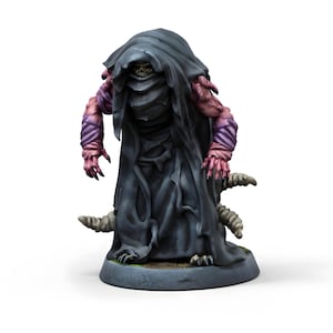 May include: A miniature fantasy figure of a cloaked creature with a skeletal face. The figure has pinkish-purple arms and hands, and is standing on a gray base. The cloak is dark gray with a tattered appearance.