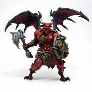 以下が含まれることがあります： 黒い翼、角、不気味な表情をした赤い悪魔のフィギュア。悪魔は戦斧と盾を持っています。ロープと革のディテールが施されたフィギュアで、ファンタジーをテーマにしています。