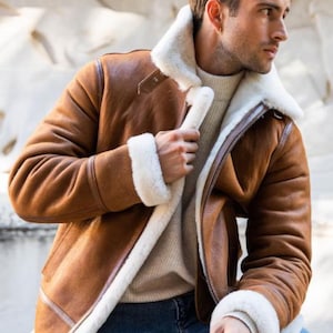 Men&#39;s Genuine Sheepskin Distressed Leather Shearling Bomber Jacket, Aviator Style