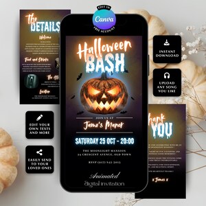 Puede incluir: Invitación digital animada de Halloween en un teléfono inteligente. El diseño presenta una calabaza brillante, murciélagos y el texto "Halloween Bash". Tarjetas adicionales detallan los detalles del evento y notas de agradecimiento.