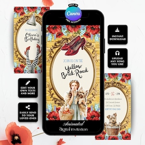 Puede incluir: Invitación digital animada con el tema del Mago de Oz. El diseño presenta zapatos rojos rubí, un camino de baldosas amarillas y el texto "Join us on the Yellow Brick Road". La invitación incluye el texto "Olivia's Birthday."
