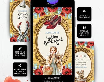 May include: Animated digital invitation with a Wizard of Oz theme. The design features ruby red slippers, a yellow brick road, and the text "Join us on the Yellow Brick Road." The invitation includes the text "Olivia's Birthday."