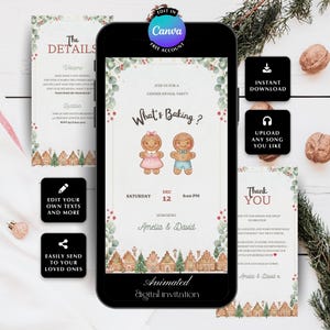 Könnte beinhalten: Eine digitale Einladung für eine Gender-Reveal-Party mit Lebkuchenmännchen und dem Text "What's Baking?". Die Einladung enthält Datum, Uhrzeit und Namen der Geehrten, mit einem festlichen Lebkuchenhaus-Rand. Die Einladung ist animiert.