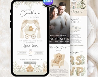 May include: A smartphone screen displays a baby shower invitation. The design includes a gingerbread cookie in a pram, event details, and a countdown timer. Other cards feature a diaper raffle and RSVP information.