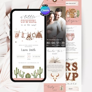Puede incluir: Una invitación digital a un baby shower en la pantalla de un teléfono inteligente con un tema de vaquera. La invitación incluye texto, ilustraciones de botas y sombreros de vaquero, y detalles del evento.
