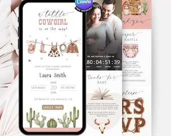 Cowgirl Babyparty Website: Rustikales Western-Thema, digitale Einladung + Antwortkarte + Countdown + Musik