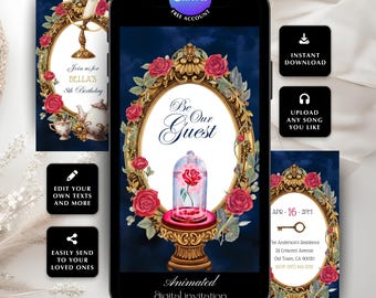 Invitación de cumpleaños La Bella y la Bestia : Fiesta de princesa, Tema de cuento de hadas (Plantilla digital)