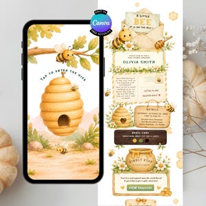Könnte beinhalten: Eine digitale Babyparty-Einladungsvorlage mit Aquarellillustrationen von Bienen, Waben und Blumen. Das Design enthält Text wie A LITTLE BEE IS ON THE WAY, OLIVIA SMITH sowie Veranstaltungsdetails auf einem hellen Hintergrund.