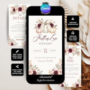 Peut inclure: Une invitation numérique animée pour une baby shower, affichée sur un smartphone. Le design présente des citrouilles, des accents floraux et le texte "Fall in Love With Baby". Des cartes supplémentaires avec des détails et des remerciements sont également visibles.