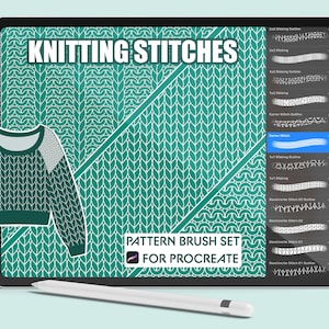 May include: A digital illustration of a green jumper with a white cable knit pattern. The image is on a tablet screen with the text "Knitting Stitches" and "Pattern Brush Set for Procreate".