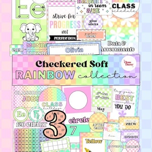 Checkered Rainbow Classroom Decor - Soft Pastel, Editable Teacher Set