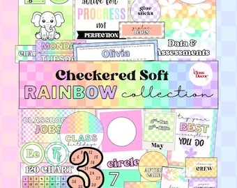 Checkered Rainbow Classroom Decor - Soft Pastel, Editable Teacher Set