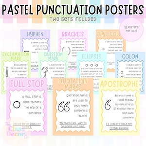 May include: A set of pastel-colored punctuation posters. Each poster features a different punctuation mark, such as a hyphen, brackets, or quotation marks, with a brief explanation. The posters are designed with a decorative wavy border and are suitable for classroom use.