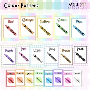 Peut inclure: Une série d'affiches colorées avec des noms de couleurs et des illustrations de crayons. Les couleurs incluent le rouge, l'orange, le jaune, le vert, le bleu, le violet, le rose, le blanc, le gris, le marron et le noir. Le texte "Colour Posters" et "PASTEL POP collection" sont également visibles.