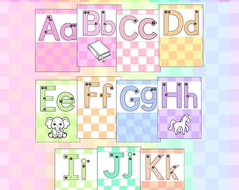 Alphabet Posters Soft Pastel Checkered Rainbow Editable Canva Template