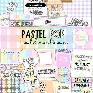 May include: A collection of pastel-colored classroom decor elements. Includes a "Pastel Pop Collection" title, schedule, calendar, and learning aids. Features a variety of shapes, text, and illustrations, perfect for educational settings.