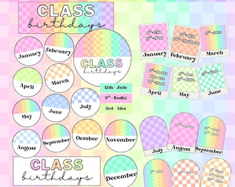 Birthday Display Template: Soft Rainbow Checkered - Classroom Decor
