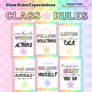 Checkered Rainbow Classroom Rules Posters - Pastel Soft Colors