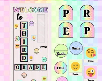 Classroom Door Decoration: Soft Checkered Rainbow - Editable Canva Template