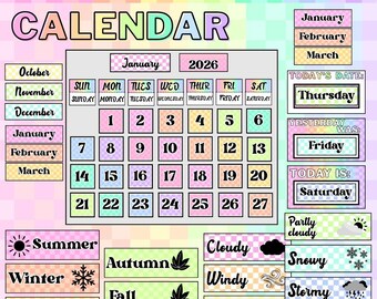 Checkered Rainbow Classroom Calendar: Pastel Teacher Template