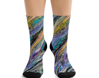 Purple Mountain Abstract Eco-Friendly Socks, Colorful Recycled Poly Socks, Artistic Patterned Socks, Sustainable, Gift for Nature Lovers