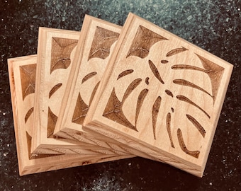 Monstera Leaf Coasters | Set of 4 | Handmade Wooden Coasters