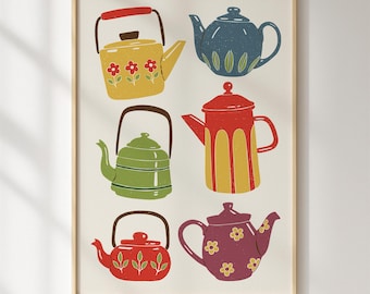 Arte imprimible de tetera para pared de cocina, ilustración vintage, decoración de cocina estilo cottagecore (descarga digital)