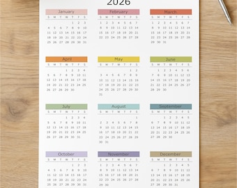 2026 Year at a Glance Calendar Printable, Pastel Minimal Year Planner (PDF Download)