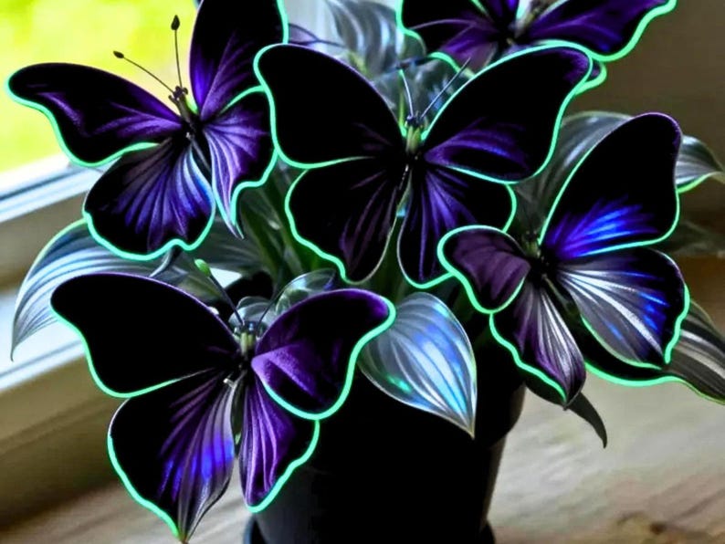 May include: A close-up of a potted plant with several stylized butterflies. The butterflies have black wings with purple and blue accents, outlined in a bright green. The leaves are green and silver.