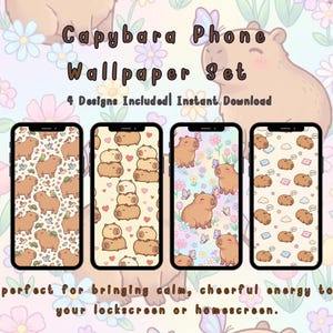 以下が含まれることがあります： カピバラのデザインが施された4種類の携帯電話用壁紙セット。各壁紙は、鳥とカピバラ、積み重ねられたカピバラ、蝶と花とカピバラなど、さまざまなパターンを示しています。「Capybara Phone Wallpaper Set」と「4 Designs Included! Instant Download」の文字。