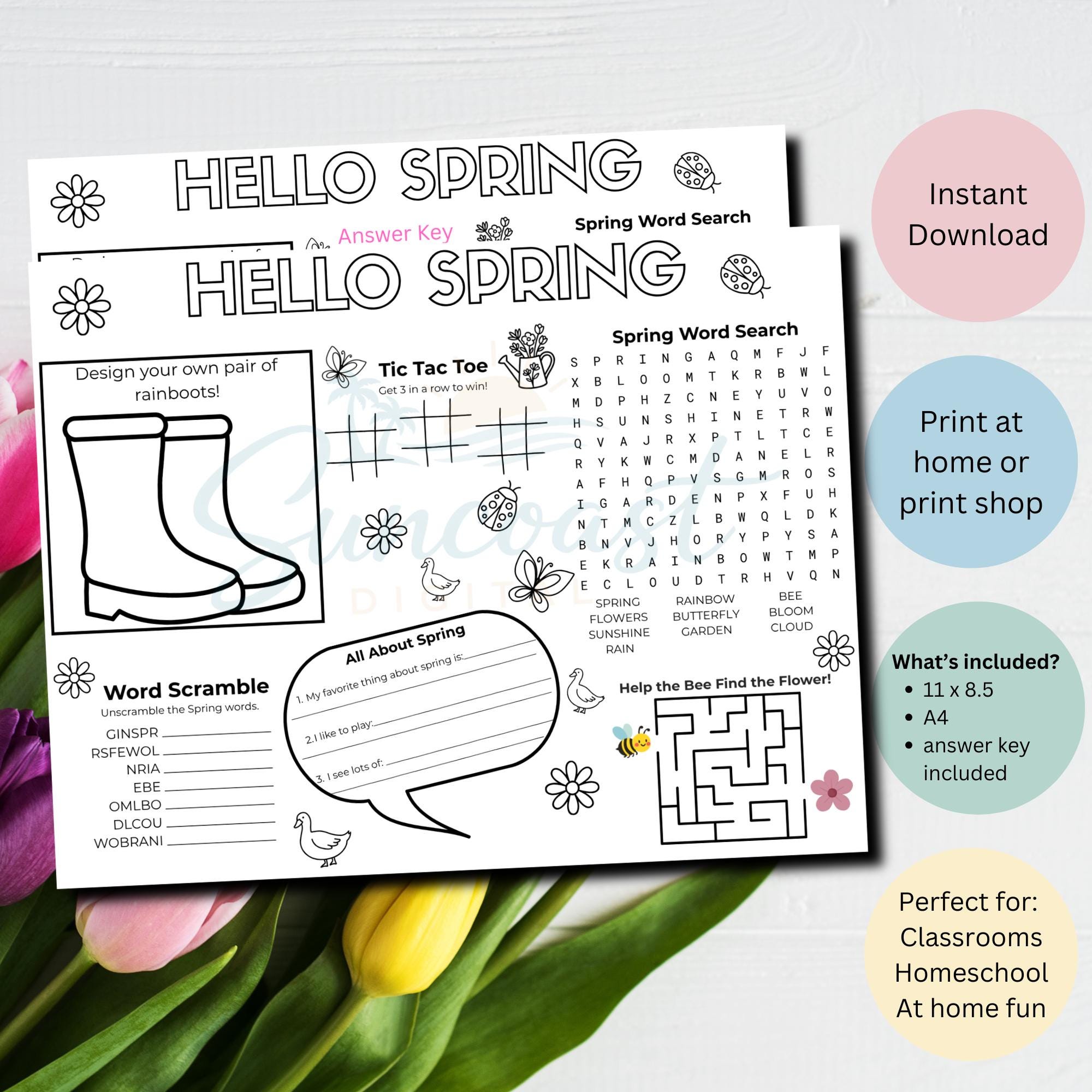 Spring Activity Sheet Printable | Kids Games, Coloring, Word Search ...
