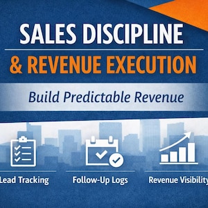 Może przedstawiać: Grafika z tekstem "SALES DISCIPLINE & REVENUE EXECUTION" i "Build Predictable Revenue". Poniżej ikony do śledzenia potencjalnych klientów, dzienników follow-up i widoczności przychodów, na niebieskim tle z panoramą miasta.