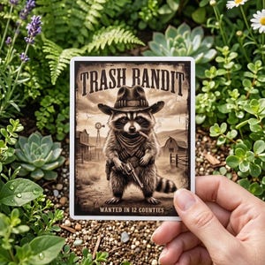 Trash Bandit | Wanted in 12 Counties Funny Cowboy Raccoon, Cute Outlaw Trash Panda Gift for Laptop, Water Bottle & More