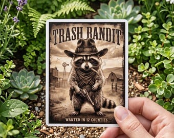 Trash Bandit | Wanted in 12 Counties Funny Cowboy Raccoon, Cute Outlaw Trash Panda Gift for Laptop, Water Bottle & More