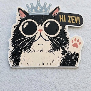 Könnte beinhalten: Ein gestanzter Aufkleber mit einer flauschigen schwarz-weißen Katze, die eine hellblaue Krone und eine große runde schwarze Sonnenbrille trägt. Die Katze winkt mit einer Pfote und eine schwarze Sprechblase neben ihrem Kopf enthält den weißen Text HI ZEV!