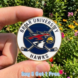 May include: A round, gold-rimmed Broar University Hawks pin. The pin features a blue background with crossed hockey sticks and a hawk emblem in red, white, and yellow. The text "BROAR UNIVERSITY HAWKS" is displayed around the edge.