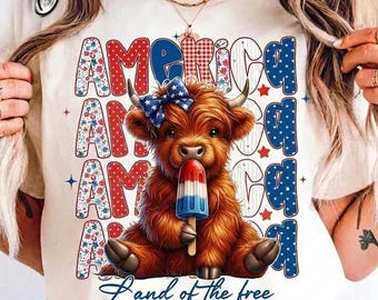 Camiseta con lazo de vaca de las Tierras Altas para el 4 de julio, vaca del 4 de julio, camiseta de vaca con la bandera estadounidense, vaquera estadounidense, camiseta del Día de la Independencia, animal patriótico de moda