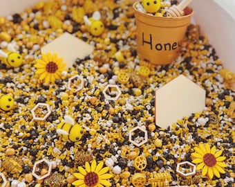 Spelling Bee Sensory Play Kit | Bumble Bee Theme Sensory Bin Filler | Spring Sensory Bin | Alphabet Sensory Kit | Black, White, Gold, Yellow