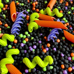 May include: A sensory bin filler consisting of a base of small black, orange, and purple beads mixed with dyed pasta shapes. The pasta includes orange penne, lime green spiral rotini, and purple spiral rotini scattered throughout the beads.