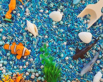 Sensory Bin Filler + Play Kit - Ocean Explorers - Pasta & Chickpea Filler - Blue