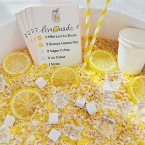 May include: A sensory bin filler kit featuring yellow and white rice, plastic lemon slices, clear acrylic ice cubes, white sugar cubes, two yellow and white striped paper straws, a white paper cup, and a recipe card labeled lemonade with instructions.