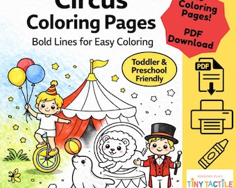 Digital Download - Circus Theme Coloring Pages | Birthday Activities for Preschoolers | Simple Easy Coloring Pages for Toddlers