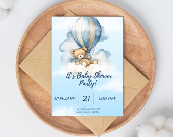 Blue Hot Air Balloon Teddy Bear Baby Shower Invitation (Canva Template)